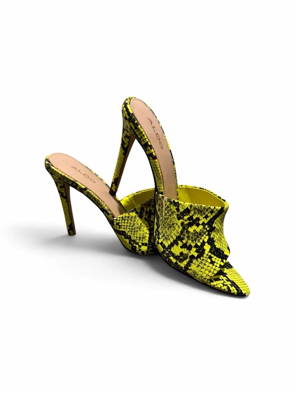 Aldo Neon Yellow and Black Snake-Print Stiletto Mules